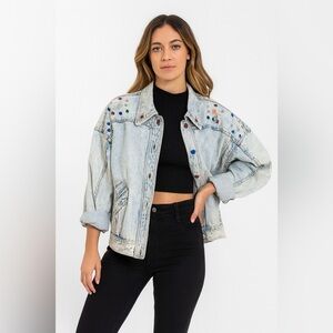 Vintage Braetan 1980s Denim Bomber Jacket Sz S Rhinestones Oversized Shoulderpad
